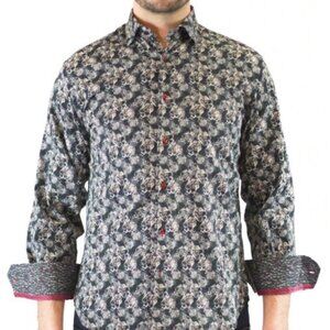 Luchiano Visconti Men M Black Grey Abstract Skull Print Long Sleeve Button Down